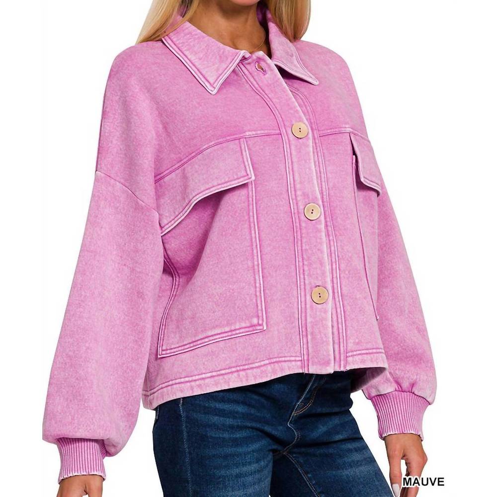 NEW ZENANA acid wash fleece cropped shacket with front pockets in mauve